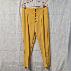 Mustard Yellow High Waist Button Front Pants Women’s Large Tapered Leg Stretch